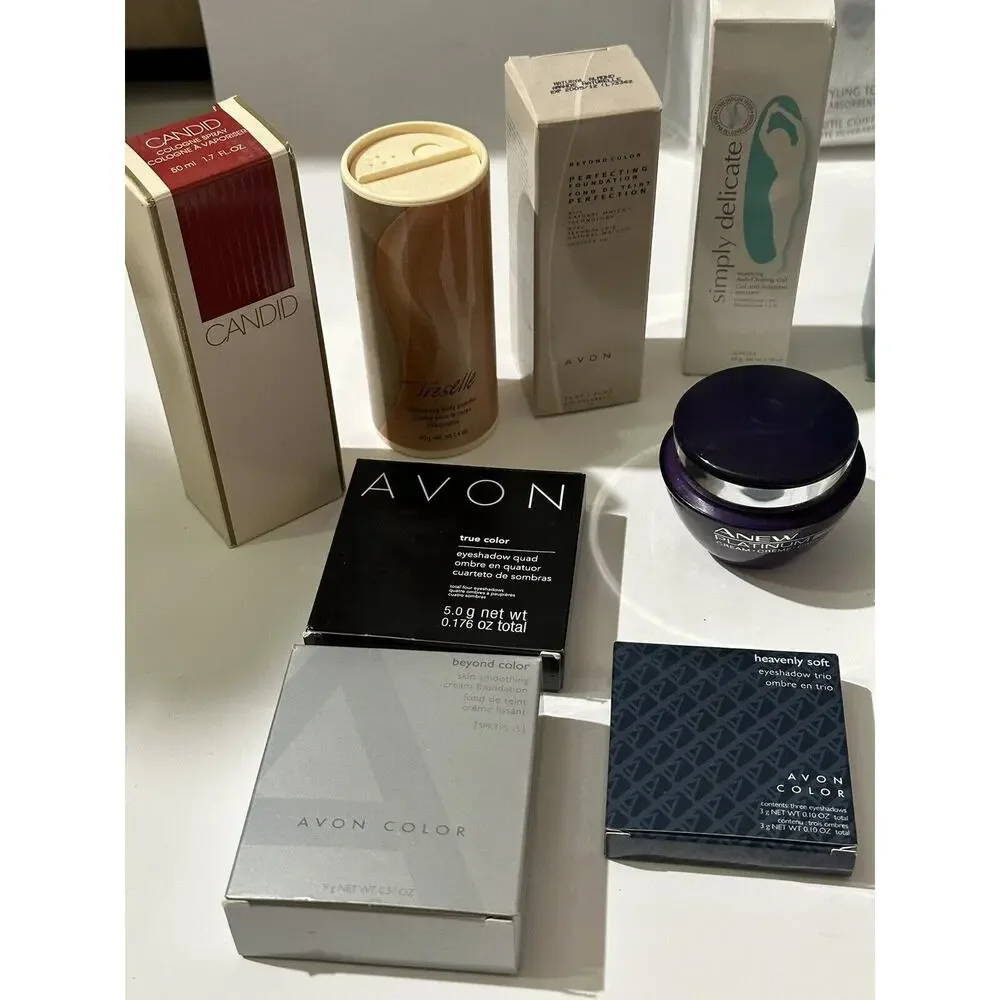 Lot 19 AVON Beauty Items, Perfumes Lotion, Anew,‎ Talc, Makeup, Shower Gel Etc..